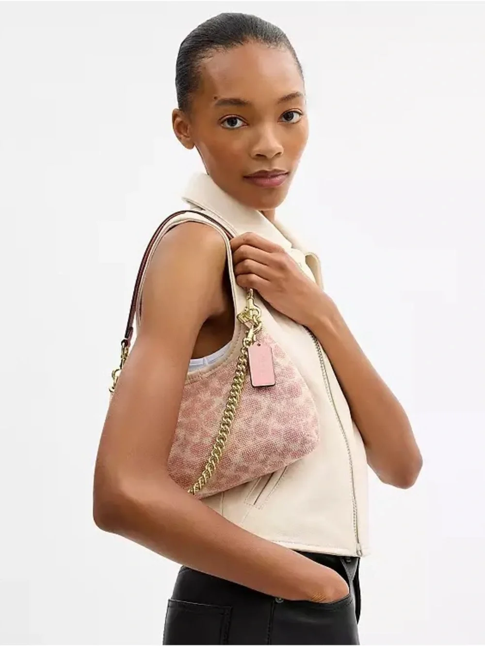 NWT Coach Teri Shoulder Bag Signature Beaded Satin Pink Gold